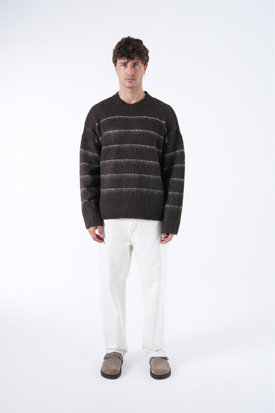 2512 Clothing سترة مخططة للجنسين مبطن بالصوف قصة فضفاضة تريكو بمظهر الموهير