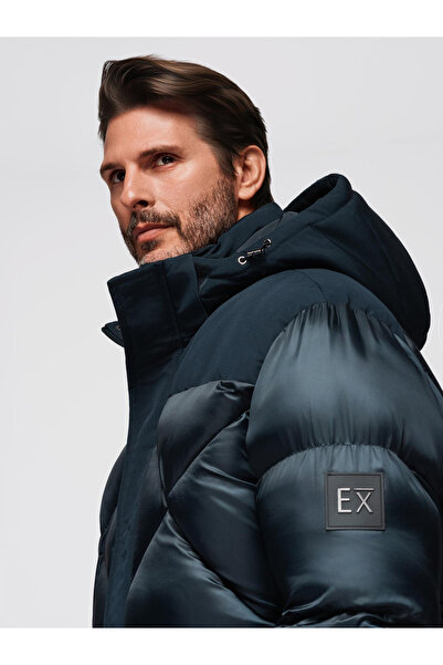 OMBRE Pánská bunda s kapucí a geometrickým kostkovaným vzorem - tmavě modrá V2 OM-JAHP-0237