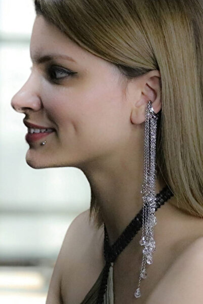 Cadının Dükkanı Kristal Taşlı Zincir Akışı Cerrahi Çelik EarCuff Küpe