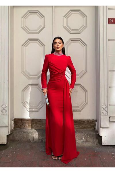 Modafeminen Dress with Special Draping and Stone Details on the Neck and Cuffs 583342 Red