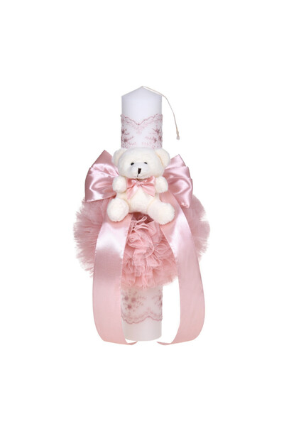 BebeNou Λαμπάδα Βάπτισης Denikos® Κορίτσι Ροζ Αρκουδάκι Διακοσμητικό με Δαντέ...