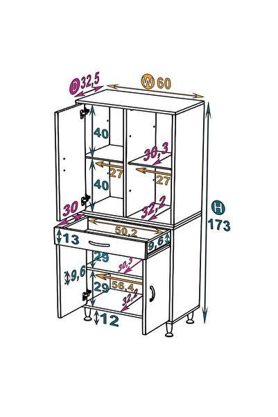 Modilayn YENİ AFRA 60x173x32,5 cm' lik 1 Çekmece, 1 Göz Sepet, 2 Kapak, 4 Raf Dar Alan Banyo Dolabı