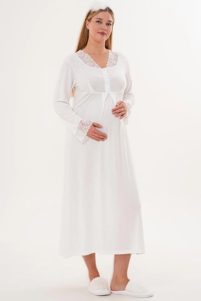 Lohusa Dünyasi Women's Shawl Collar Long Dressing Gown with Lace Detail Maternity 4-Piece Set