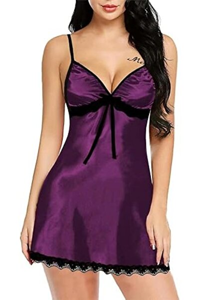 Margoun Satin Spaghetti Strap Nightdress Nightgown Lace Trim V Neck Chemise Y136