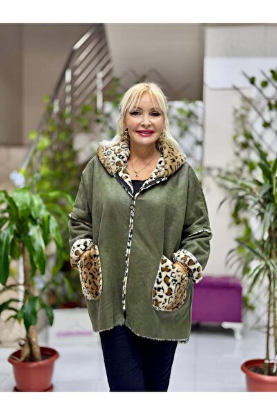 Punta Otantik Yg4160 Leopard Patterned Short Italian Nubuck Coat with Fur Inside and Zipper Closure Khaki
