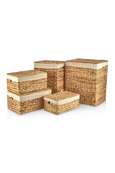 Evistro Dekoratif Dikdörtgen Kapaklı Sandık Düzenleyici Sepet 5 li