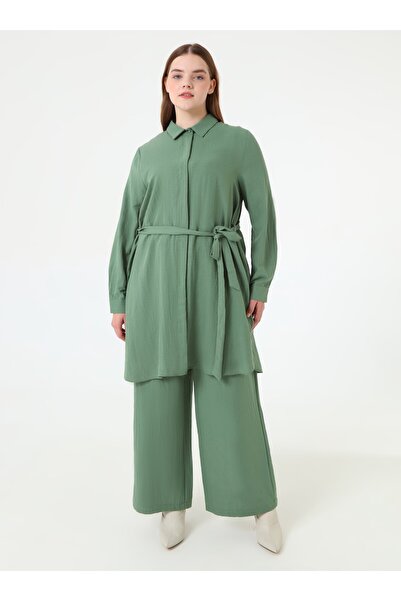 ALİA Kemer Detaylı Tunik & Pantolon İkili Büyük Beden Takım - Haki -