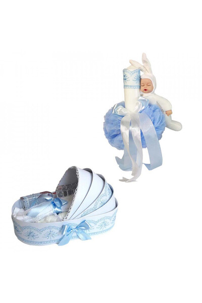 BebeNou Set botez model leagăn cu lumânare și iepuraș albastru - NKO1726