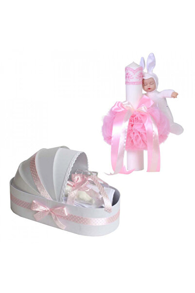 BebeNou Set botez Denikos® Leagăn și Lumânare Roz Bowards