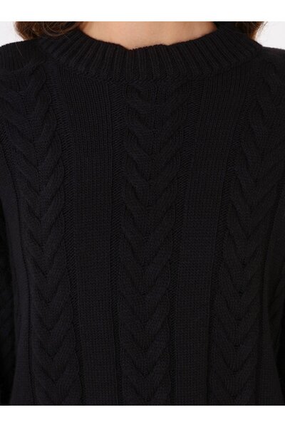 Refka Saç Örgü Detaylı Basic Triko Kazak - Siyah -