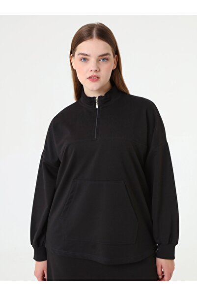 ALİA Fermuarlı Kanguru Cep Detaylı Sweatshirt & Etek Büyük Beden Takım - Siyah -