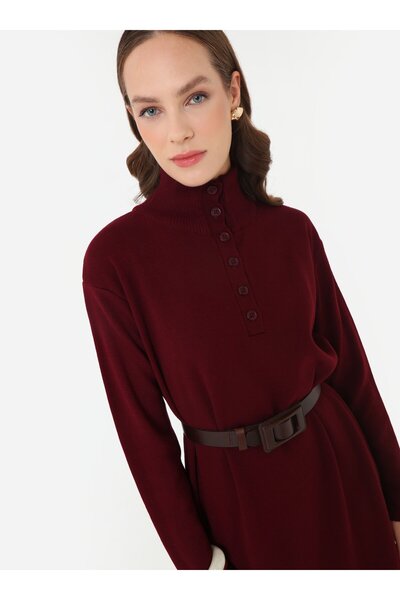 Refka Button Detailed High Neck Knitwear Hijab Dress - Burgundy -