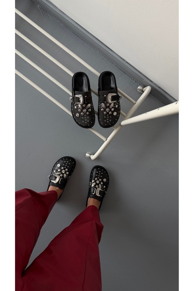 Eataly Shoes Γυναικείες παντόφλες από γνήσιο δέρμα καπνιστό σουέντ με αγκράφα και κλειστή μύτη