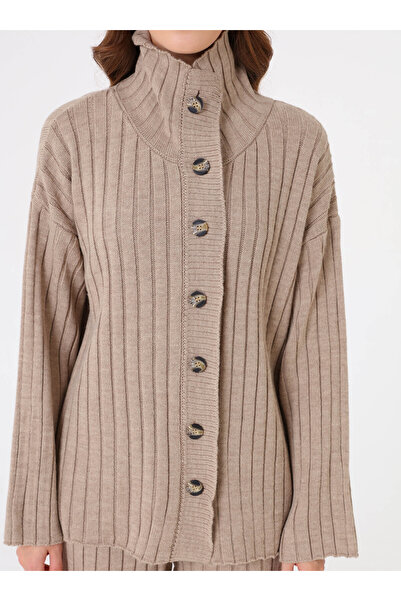 Benin Bone Button Collar Detailed Cardigan & Pants Knitwear Set - Mink -