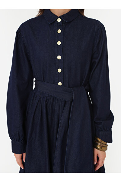 Refka Denim Balon Etekli Kuşaklı Tesettür Elbise - Koyu Lacivert -