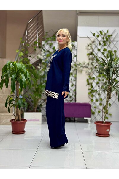 Punta Otantik Mt3134 Leopard Patterned Tracksuit Set Navy Blue