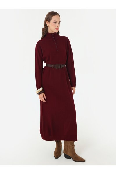 Refka Rochie hijab din tricot cu detaliu cu nasturi - Roșu Claret -