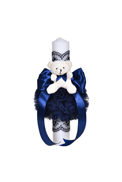BebeNou Λαμπάδα Βάπτισης Μπλε Σκούρο για Αγόρι με Κορδέλα, Δαντέλα & Αρκουδάκι