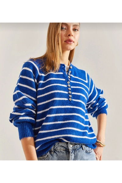 viyan butik Striped Knitwear Sweater with Button Collar