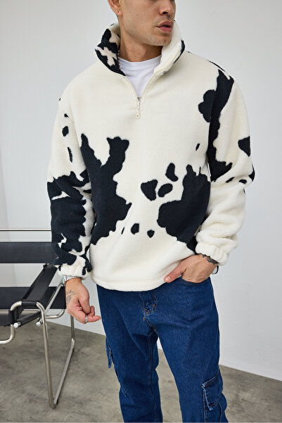 MADZEYMODA Преміум чоловічий світло-сірий плюшевий светр з напівзастібкою та стоячим коміром LS-86089