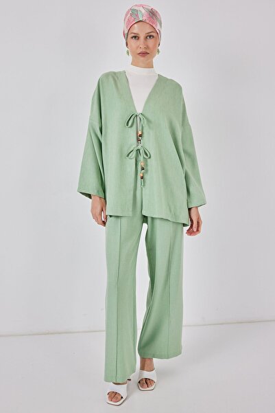 Hiccup Bdart Linen Blend Tie-Up Cardigan and Ribbed Detail Wide-Leg Pants Set