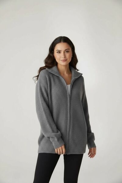 Bliss Women's Turn-Down Collar Zippered Knitwear Cardigan