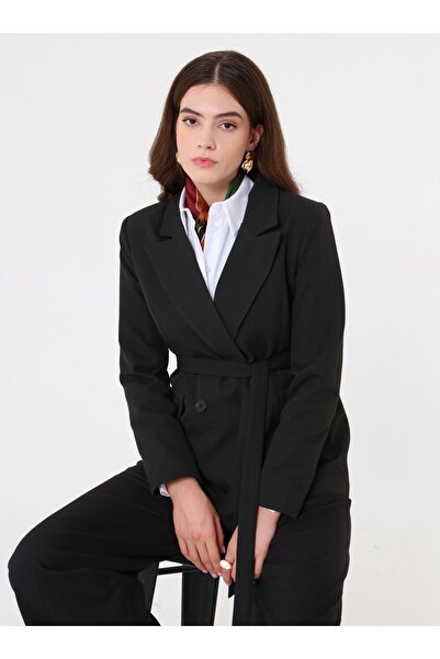 Refka Belted Double-Breasted Lapel Blazer Jacket - Black -