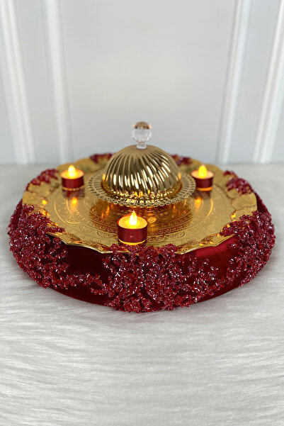 ZEYMERADE Bordo Kına Gecesi Gelin Tepsisi, Lüks İthal Kadife Cam Boncuk , Niş...