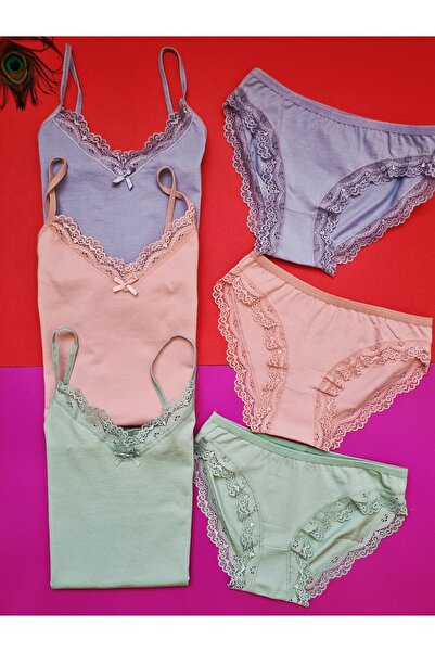 Demirsa Boutique Lace Cotton V-Neck Rope Strap L Stretch Fabric Women's Tank Top-Panty Set Green, Blue and Powder Color Set of 3