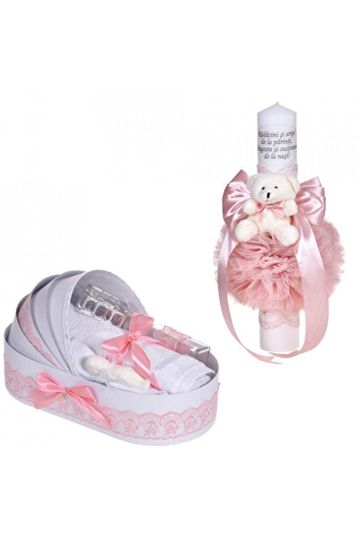 BebeNou Σετ Λαμπάδας Βάπτισης & Ροζ Δαντέλα για Κορίτσια - Denikos