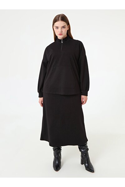 ALİA Fermuarlı Kanguru Cep Detaylı Sweatshirt & Etek Büyük Beden Takım - Siyah -