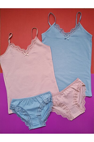 Demirsa Boutique Lace Cotton V-Neck Rope Strap L Stretch Fabric Women's Tank Top-Panty Set Green, Blue and Powder Color Set of 3