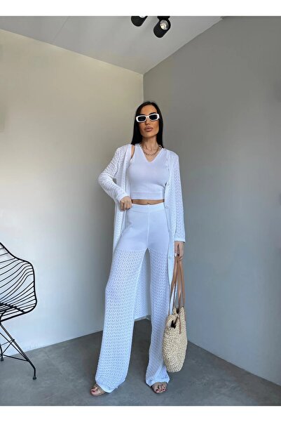 solena sln Women's 3-Piece Crop Blouse Long Cardigan Knitwear Set