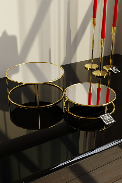 mba decor metal bending art Bellezza Model Gold Aynalı Sunum Tepsisi – İkili Set | Dekoratif & Şık Sunum 24cm 20cm Çap