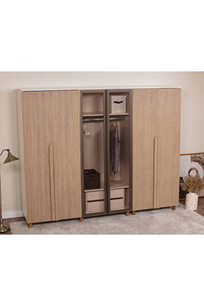 DONACO İtra 6 Kapaklı Gardırop – Krem Gövde, Meşe MDFLAM Camlı Kapak