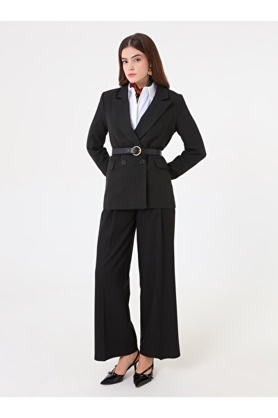 Refka Belted Double-Breasted Lapel Blazer Jacket - Black -