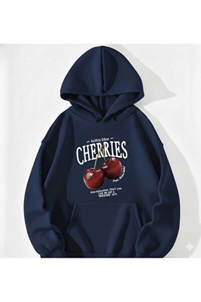 COHERENT Unisex Erkek/Kadın CHERRIES Renkli Özel Baskılı Pamuklu Oversize Kapüşonlu Sweatshirt