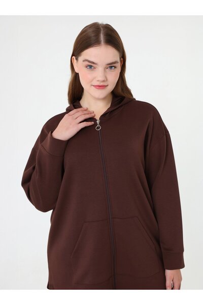 ALİA Fermuarlı Kapuşonlu Spor Sweatshirt&Pantolon Büyük Beden Takım - Kahverengi -