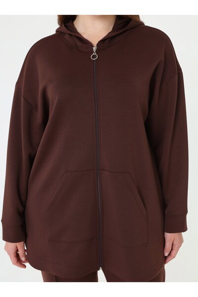 ALİA Fermuarlı Kapuşonlu Spor Sweatshirt&Pantolon Büyük Beden Takım - Kahverengi -