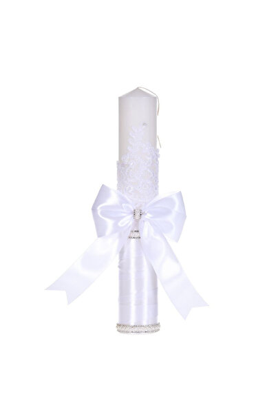 BebeNou Κομψή Λευκή Λαμπάδα Βάπτισης με Δαντέλα & Πέρλες