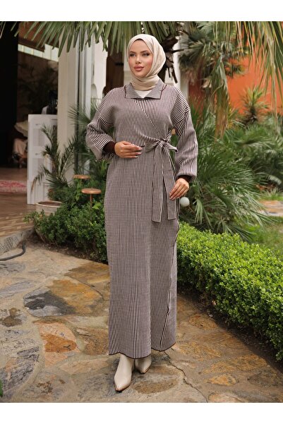 SAHRA BUTİK فستان تريكو مخطط برباط من ياندان - بني -