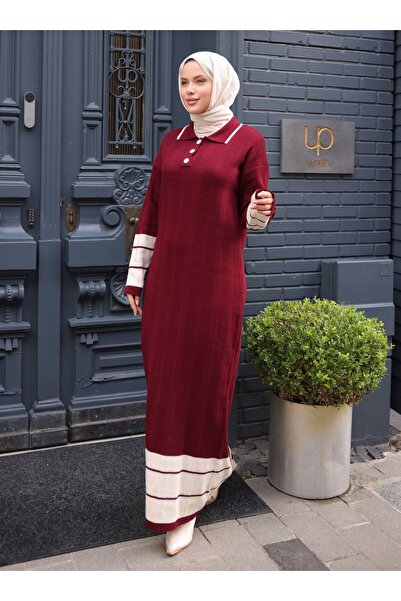 SAHRA BUTİK Front Buttoned Knit Dress - Burgundy -