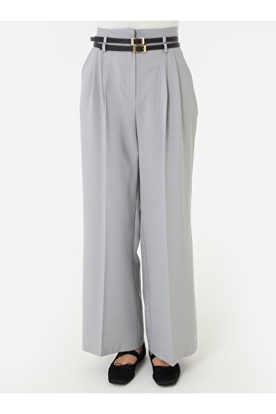 Refka Double Belted Palazzo Pattern Woven Trousers - Gray -
