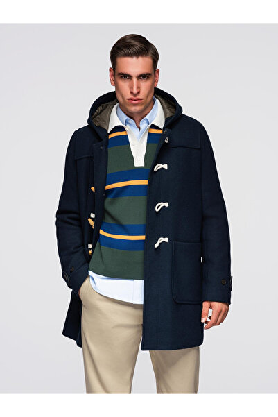 OMBRE Pánský vlněný duffle kabát s kapucí - tmavě modrý v2 OM-COWC-0131
