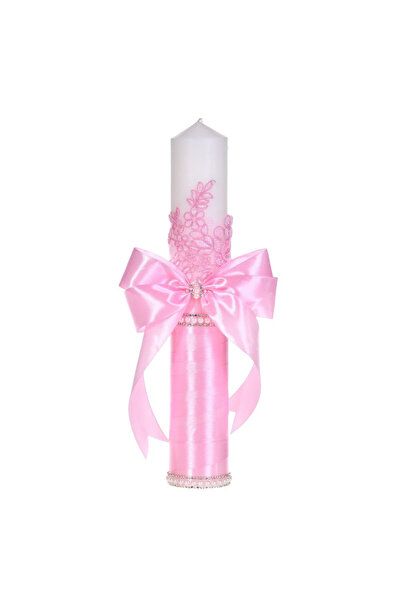BebeNou Κομψή ροζ λαμπάδα βάπτισης, Δαντέλα & χάντρες, Denikos® C1193