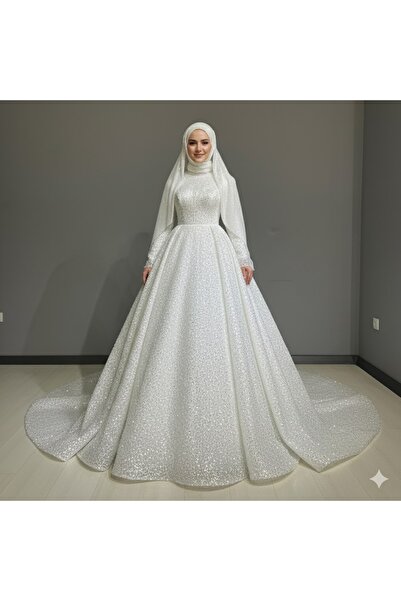 WONDER DESIGNER Göz Kamaştıran Tesettür Balıkçı Yaka Payetli ve Boncuk İşlemeli Uzun Kollu Gelinlik Elbisesi