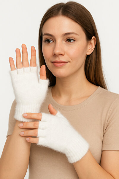 CapZone قفازات نسائية بيضاء نصف إصبع من القطيفة - قفازات شتوية ناعمة الملمس