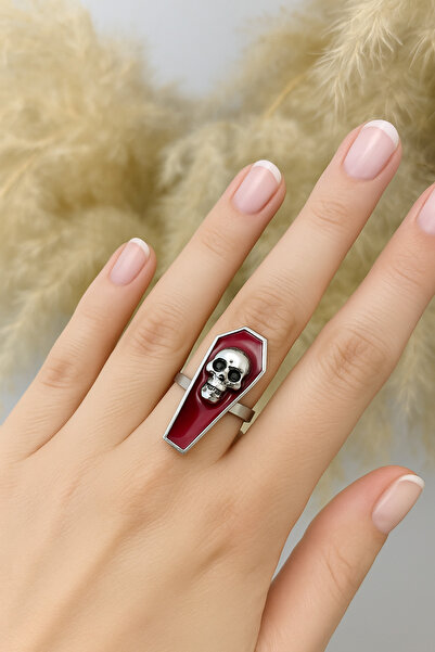 Herşey Nota Ring with a Skeleton Figure Inside a Red Coffin – a Symbol of Dea...