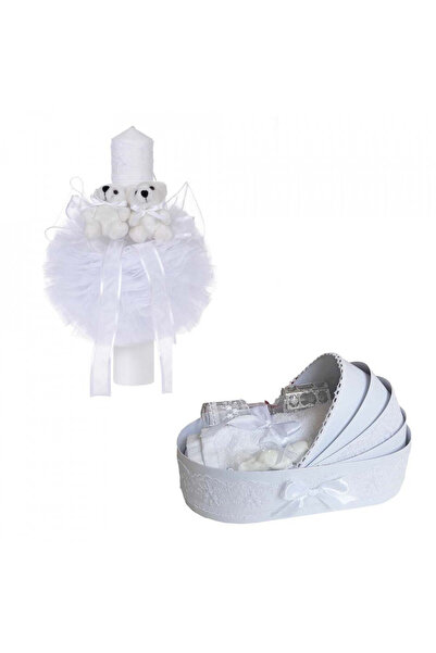 BebeNou Set de botez în pătuț, lumânare cu ursuleți unisex, alb