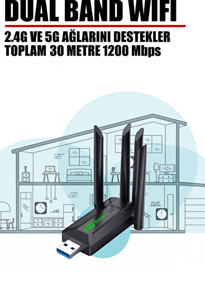 TE DOS 4 Antenli Kablosuz İnternet Sağlayıcı USB WiFi Wireless Adaptör Çift Bantlı 1200m